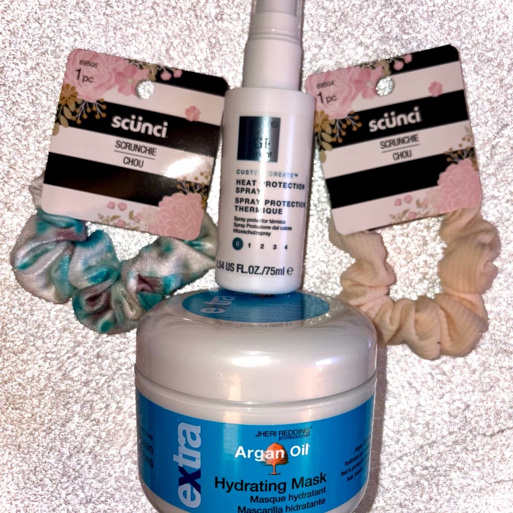 Hair Lot: Jheri Redding Hair Mask 8.3oz, Tigi Heat Spray 2.54 Floz 2 Scrunchies